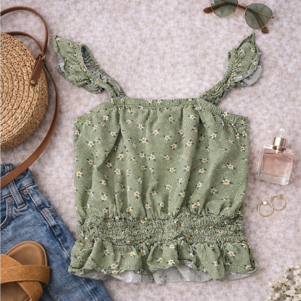 Walking On Sunshine Green Floral Crop Top Youth Medium